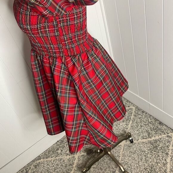 Blue Rain Women XS Red Plaid Ballon Sleeve Baby Doll Mini Dress Peasant Cottage - Picture 11 of 15